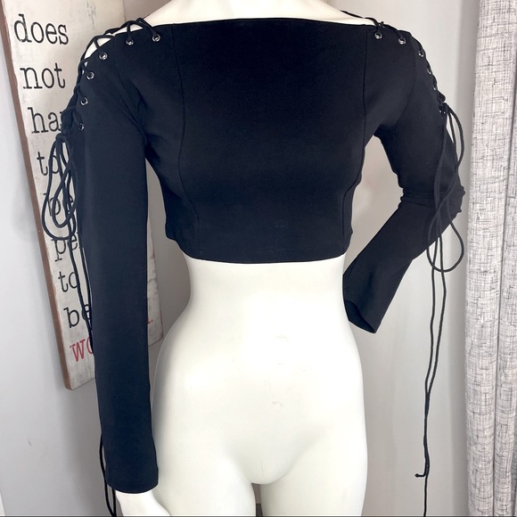 Fashion Nova cropped long sleeve boat neck lace-up shoulder top - Picture 2 of 11